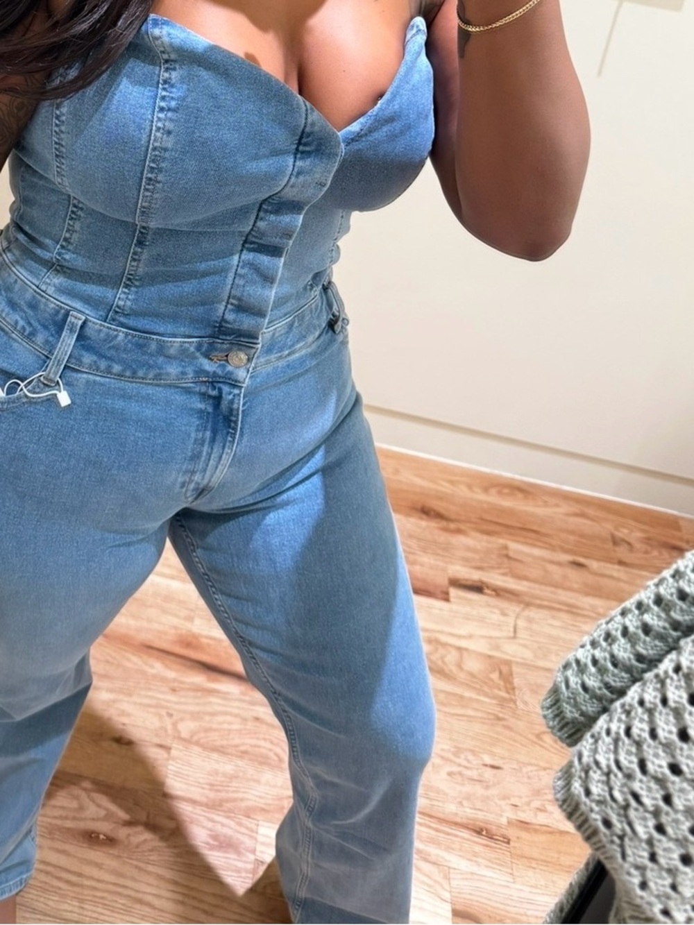 Mango Light Blue Denim Bustier Jumpsuit